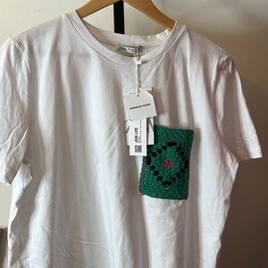 Zara White Tee Handmade Crochet Pocket NWT